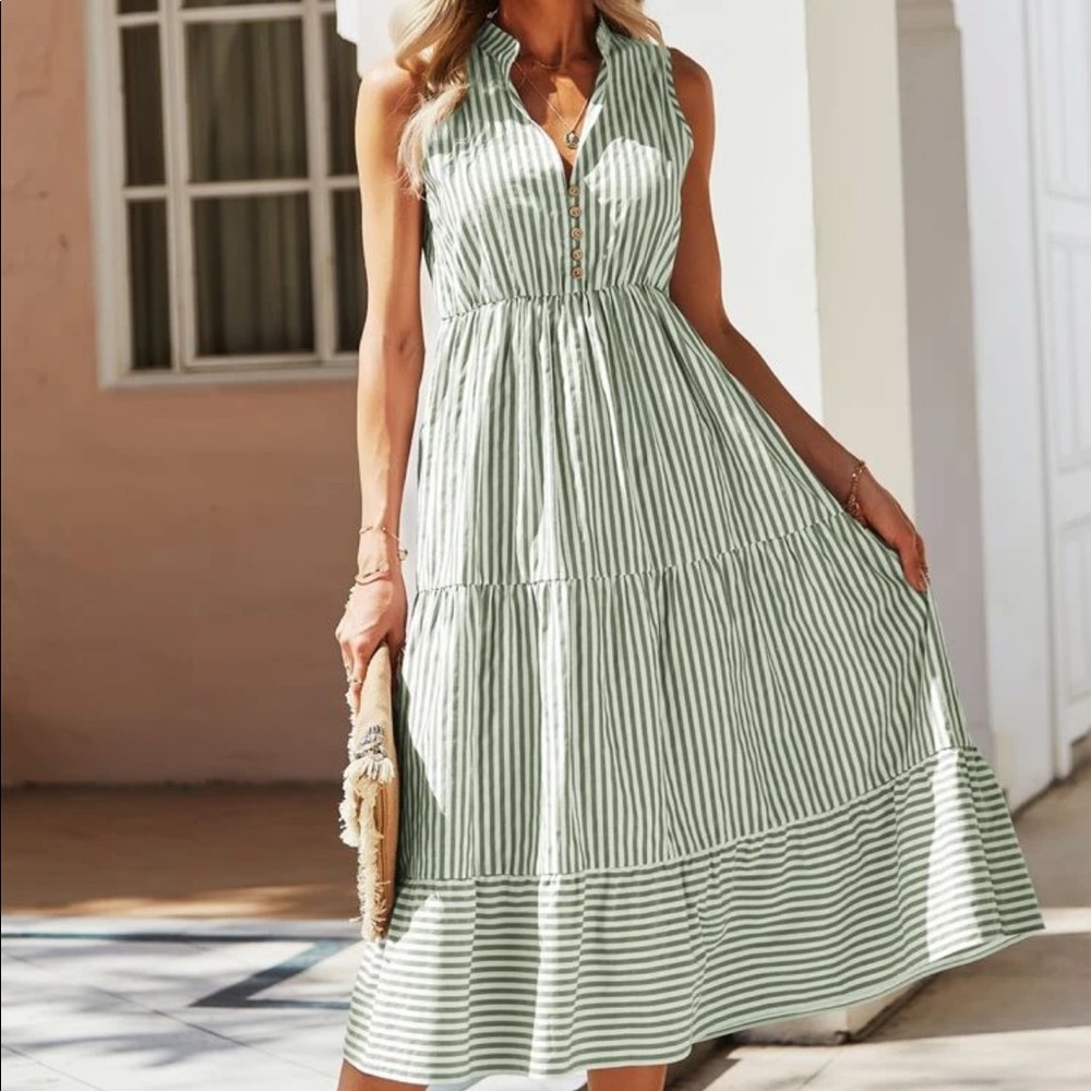 Boho striped notched neck button detail dress - Picture 6 of 16